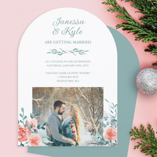 Roos-roze rozen, lichtgroene eucalyptus bruiloft kaart