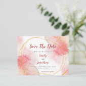 Roos Roze Waterverf Gouden Lijnen Sla de Datum op Briefkaart (Staand voorkant)