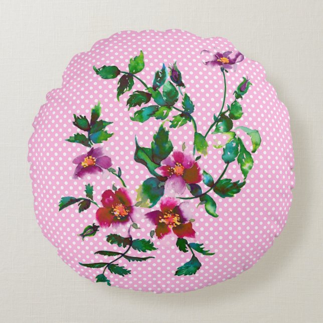  Roos roze/witte polka-stippen Rond Kussen (Voorkant)