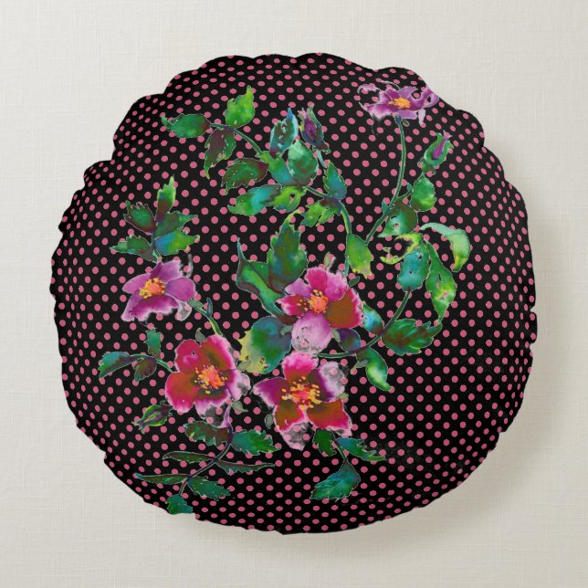  Roos roze/witte polka-stippen Rond Kussen (Voorkant)