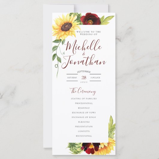 Roos Sunflower Wedding Programme Tall Flat Kaart (Voorkant)