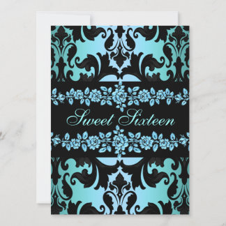 Roos Sweet16 Damask Blue verjaardagsuitnodiging Kaart