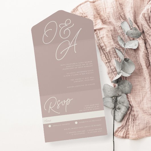 Roos Taupe | Manuscript Watermark Monogram Weddens All In One Uitnodiging