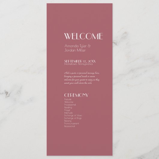 Roos Tuin | Donker Roos bruiloft programma (Voorkant)