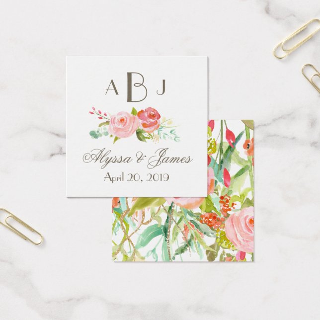 Roos Tuin Drie Letter Monogram Favor Kaart (Kantoor)