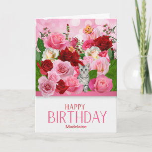 Roos Tuin met tabby Cat and Name Birthday Kaart
