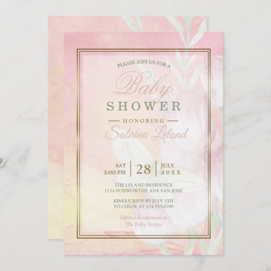 Roos van baby shower en Waterverf van koraal, vlin Kaart (Voorkant / Achterkant)