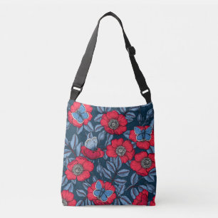 Roos van honden en vlinders, blauw en rood crossbody tas