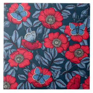 Roos van honden en vlinders, blauw en rood tegeltje