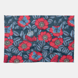 Roos van honden en vlinders, blauw en rood theedoek