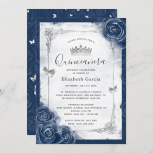 Roos van Navy Blue en Silver Elegant Quinceanera Kaart