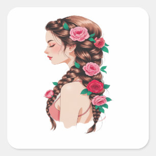 Roos Vlecht Haar Bloemige T-shirt voor Vrouwen Vierkante Sticker