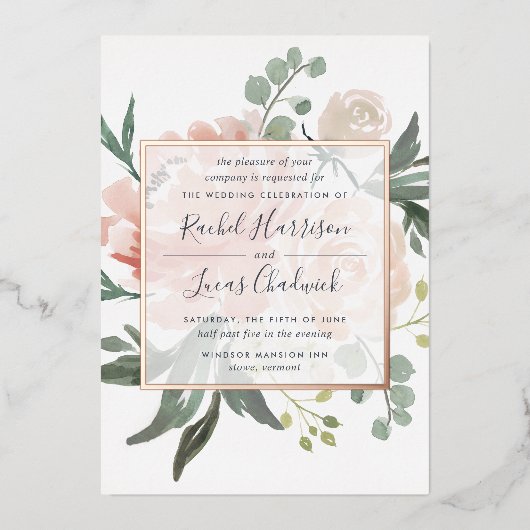 Roos voor Midzomer-Floral Weddenschap Gold Folie Uitnodiging (Voorkant)