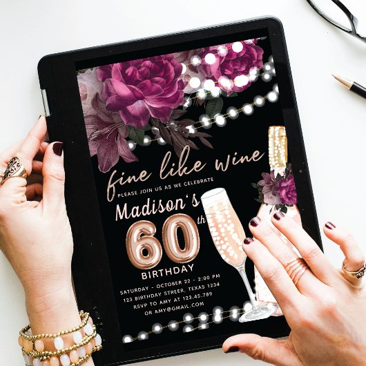 Roos Wijnluxe 60e Verjaardagsuitnodiging Kaart