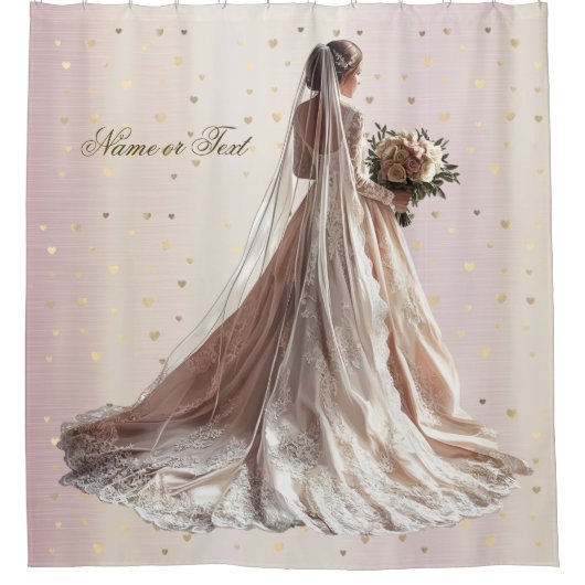 Roos Winter Bruiloft Bruid Gouden Glanzende Hart F Douchegordijn (Voorkant)