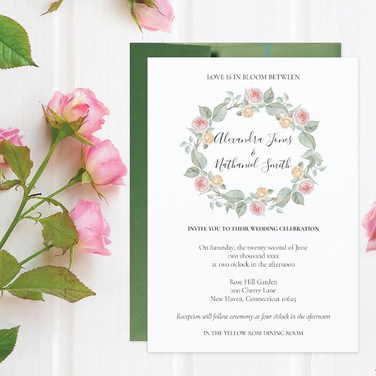Roos Wreath Summer Wedding Invitation Kaart