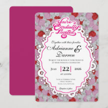 Roosbloemblauwdruk Bruiloft Uitnodiging 1 met Roze