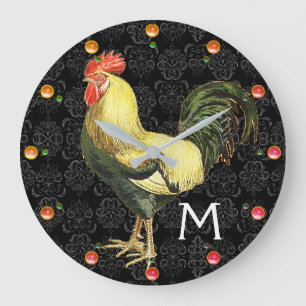 ROOSTER Black White Damask Monogram Grote Klok