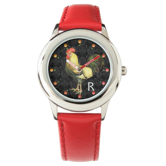 ROOSTER Black White Damask Monogram Horloge (Voorkant)
