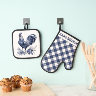 "Rooster" Blauwe Willow Stijl Custom Ovenwant & Pannenlap Set