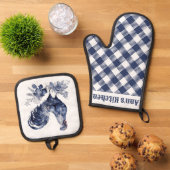 "Rooster" Blauwe Willow Stijl Custom Ovenwant & Pannenlap Set (Top down)