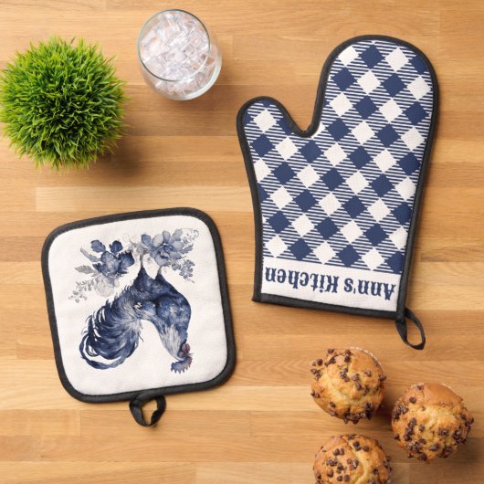 "Rooster" Blauwe Willow Stijl Custom Ovenwant & Pannenlap Set (Top down)