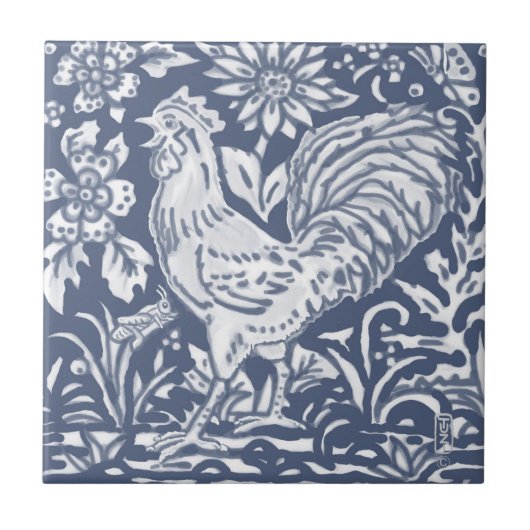 Rooster Blue White Botanical Delft Denim Faces L Tegeltje (Voorkant)