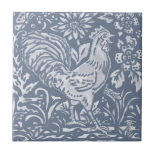 Rooster Blue White Botanical Delft Painting Tegeltje