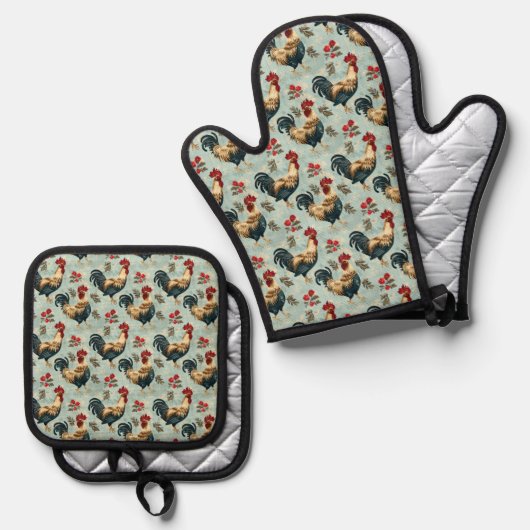 Rooster Chicken Pattern Blauw Ovenwant & Pannenlap Set (Voorkant / Achterkant)