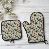 Rooster  Chicken Pattern Blauw Ovenwant & Pannenlap Set