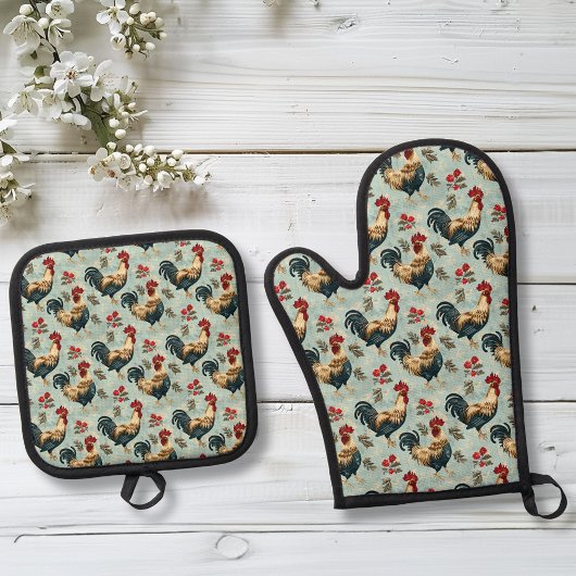 Rooster Chicken Pattern Blauw Ovenwant & Pannenlap Set