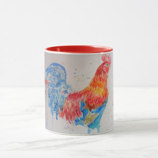 Rooster d'aquarelle rouge Bonne Matinée Mug d'enso (Centre)