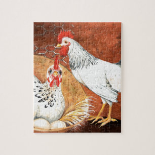 Rooster en Hen met eieren op de Nest Handbeschilde Legpuzzel