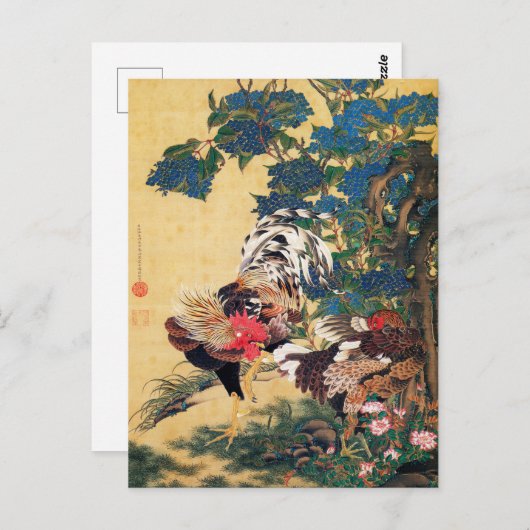 Rooster en Hen met Hydrangeas door Ito Jakuchu Briefkaart (Voorkant / Achterkant)