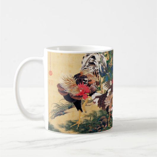 Rooster en Hen met Hydrangeas door Ito Jakuchu Koffiemok (Links)
