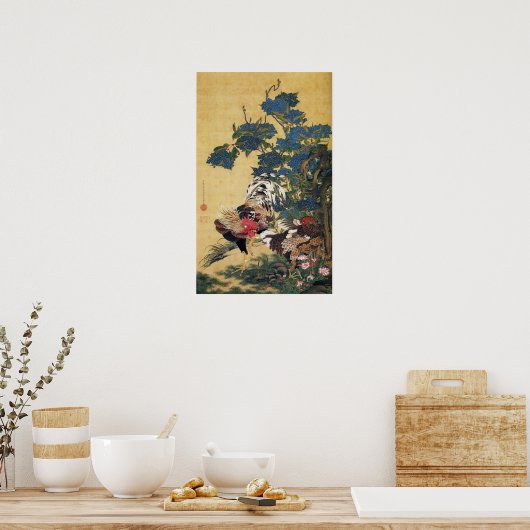 Rooster en Hen met Hydrangeas Poster (Keuken)