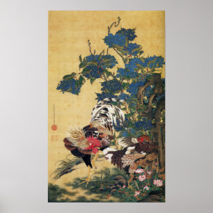 Rooster en Hen met Hydrangeas Poster