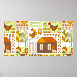 Rooster en twee kippen, eieren, bloemen, huis, tre poster