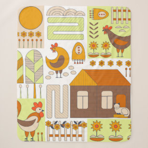 Rooster en twee kippen, eieren, bloemen, huis, tre sherpa deken