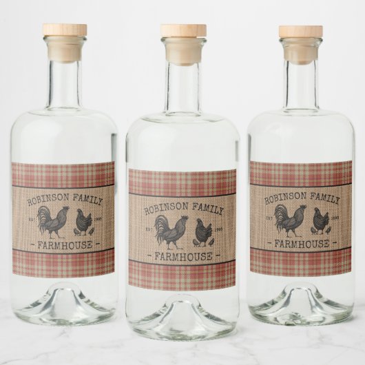 Rooster Fermier Hen Red Plaid Burlap Étiquettes (Bouteilles)