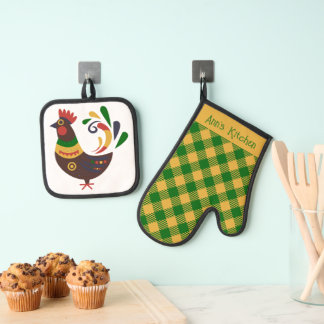 "Rooster" Folk Art Stijl Custom Ovenwant & Pannenlap Set