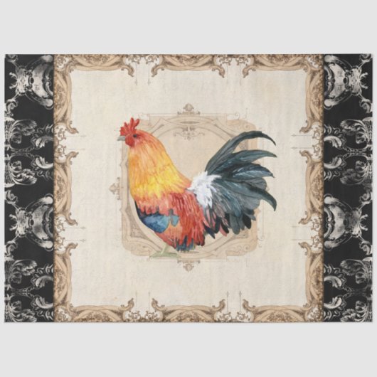 Rooster -Franse Damask Black Decoupage Tiss Tissuepapier (Voorkant)