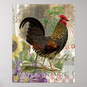  Rooster French Collage Art Poster