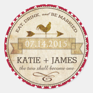 Rooster Gingham Check Rustiek Wedding Label