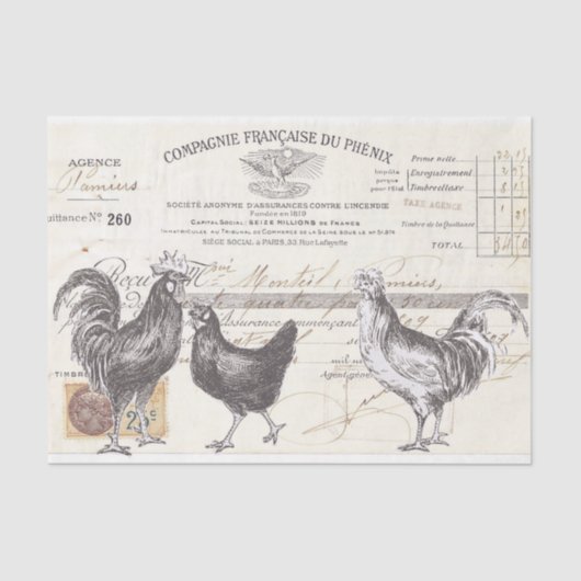 Rooster Hen French Script Farmhouse Bird Decoupage Tissuepapier (Voorkant)