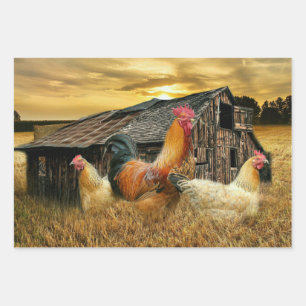 Rooster Hens Rustic Barn Coop Inpakpapier Vel
