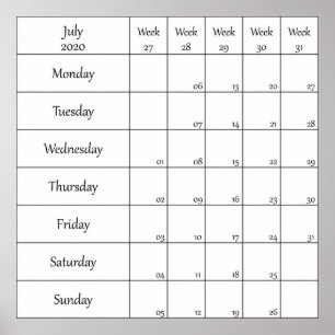 rooster juli 2020 met weeknummer poster