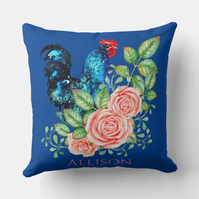 Rooster met Flowers Blue Kussen (Achterkant)
