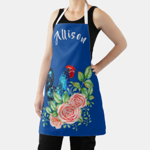 Rooster met Flowers Gepersonaliseerd Blauw Schort