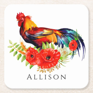 Rooster met Flowers Personalized Square Paper Coa Vierkante Kartonnen Onderzetter